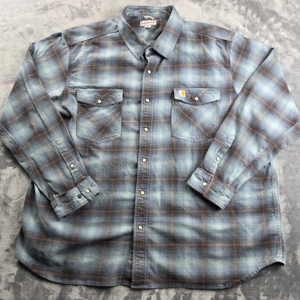 Carhartt Flannel Pearl Snap Shirt Mens 2XL Blue Plaid Relaxed Fit Cotton Spandex
